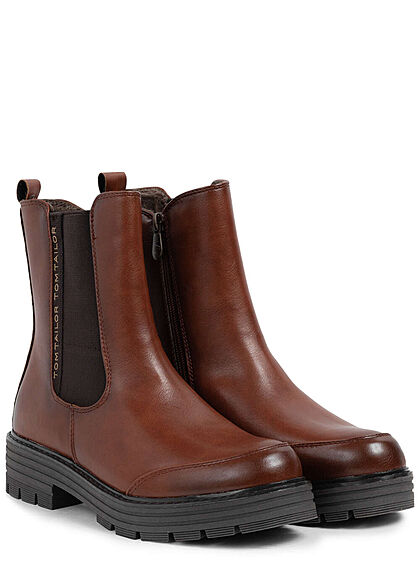 Tom Tailor Dames workerboots kunstleer halfhoge laarzen met rits cognac bruin