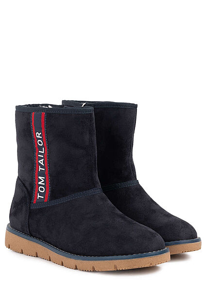 Tom Tailor Damen Schuh Winter Boots mit Zipper Velours Optik navy blau