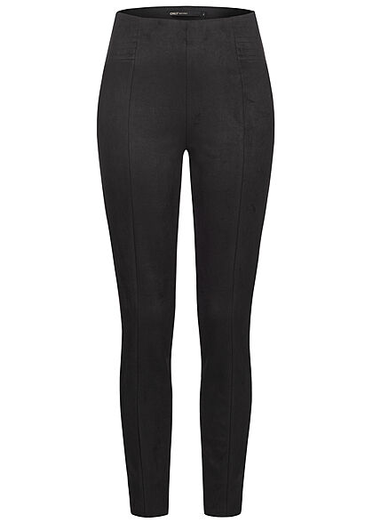 ONLY Dames leggings van kunstleer velours look elastische tailleband zwart