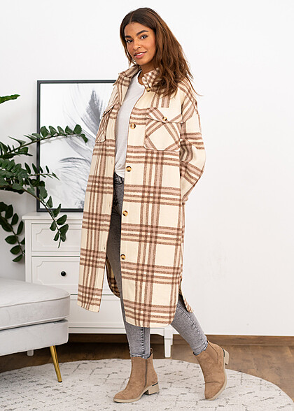 ONLY Damen Oversized Longform Shacket Jacke Karo Muster winter weiss beige braun - Art.-Nr.: 21083475