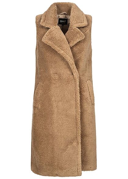 ONLY Dames Vest met knopen lange vorm teddybont 2 zakken nomade beige