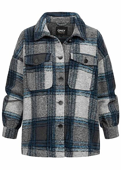 ONLY Dames Shacket overhemd jack 2 borstzakken geruit patroon grafietblauw grijs