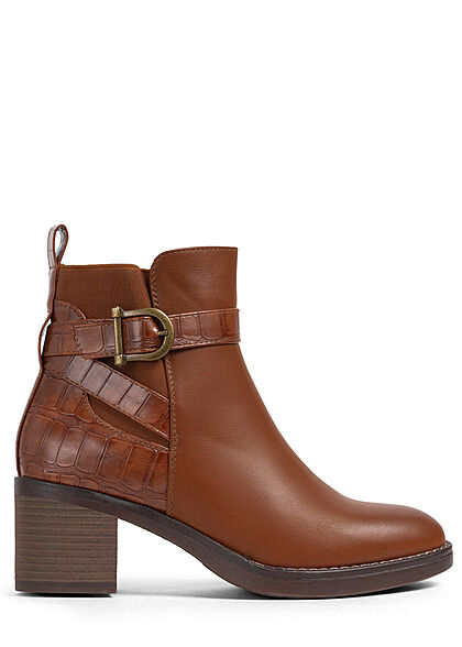 Seventyseven Lifestyle Dames kunstleren enkellaarsjes met rits slangenleer look camel bruin