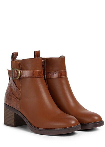 Seventyseven Lifestyle Dames kunstleren enkellaarsjes met rits slangenleer look camel bruin
