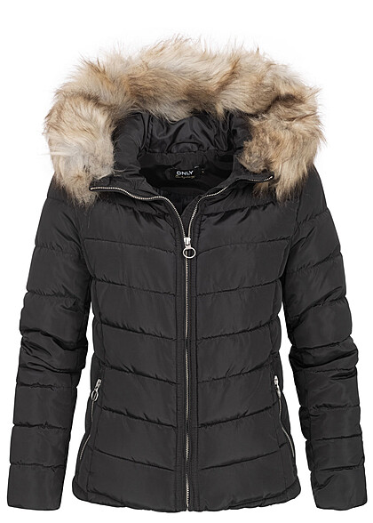 ONLY Damen kurze Steppjacke Kapuze mit abnehmb. Kunstfell 2-Pockets schwarz