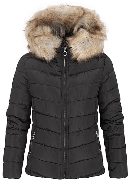 ONLY Damen kurze Steppjacke Kapuze mit abnehmb. Kunstfell 2-Pockets schwarz