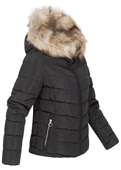 ONLY Damen kurze Steppjacke Kapuze mit abnehmb. Kunstfell 2-Pockets schwarz