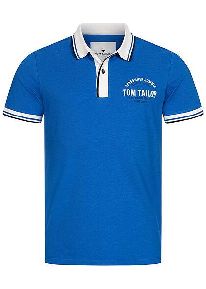 Tom Tailor Heren Polo T-Shirt met knopen logo print overwinning blauw wit - Art.-Nr.: 21083919