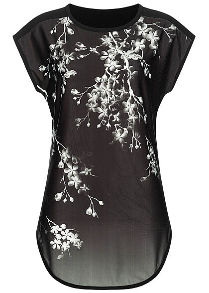 Styleboom Fashion Dames Blouse Shirt bloemenprint materiaalmix zwart