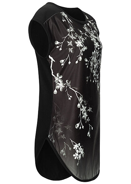Styleboom Fashion Dames Blouse Shirt bloemenprint materiaalmix zwart
