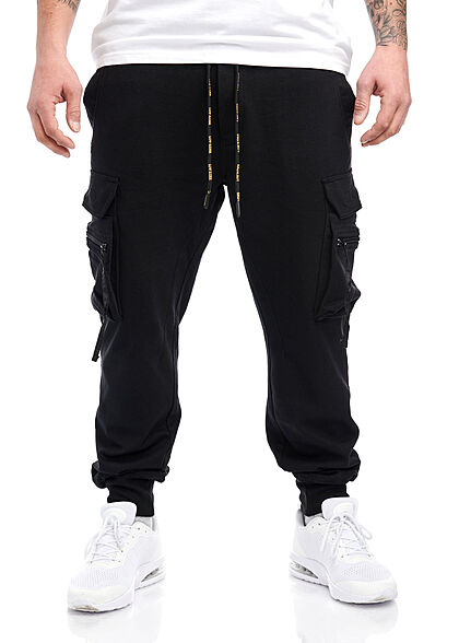 Lowrider Herren Cargo Hose Sweatpants 8 Funktionstaschen Tunnelzug schwarz