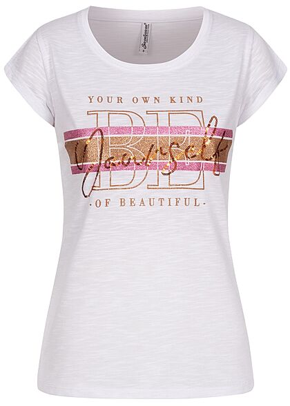 Seventyseven Lifestyle Dames T-Shirt met print en pailletten wit roze