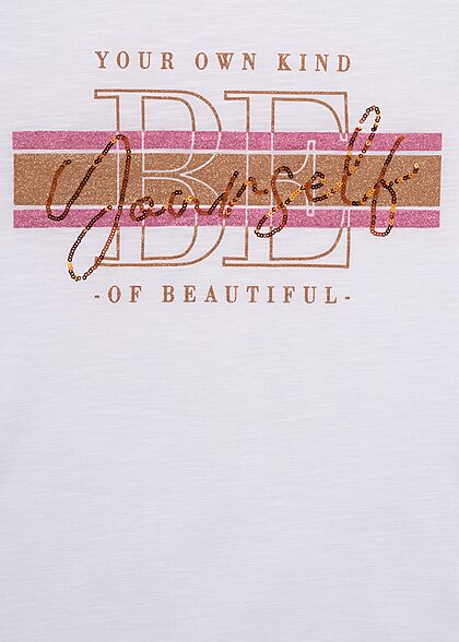 Seventyseven Lifestyle Dames T-Shirt met print en pailletten wit roze