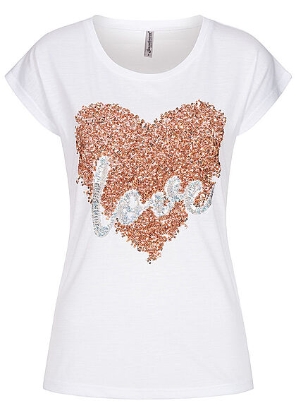 Seventyseven Lifestyle Dames T-Shirt met print en pailletten wit