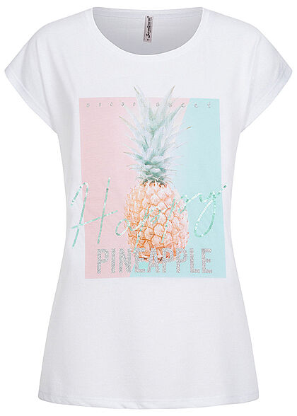 Seventyseven Lifestyle Dames T-Shirt met Ananas print en pailletten wit