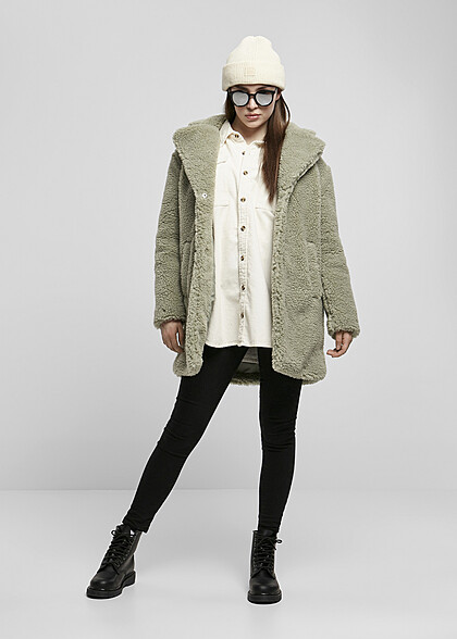 Urban Classics Dames Oversized Teddyfell Coatigan met 2 Ritszakken groen