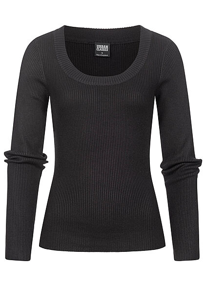 Urban Classics Dames geribde hoodie met lange mouwen en een breed décolleté zwart