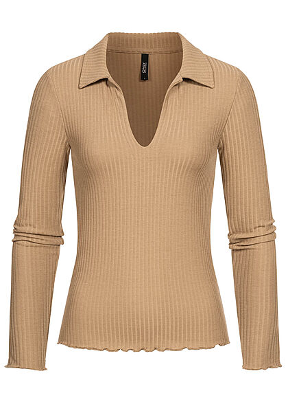 ONLY Damen Ribbed V-Neck Longsleeve Pullover mit Frilldetails toasted coconut