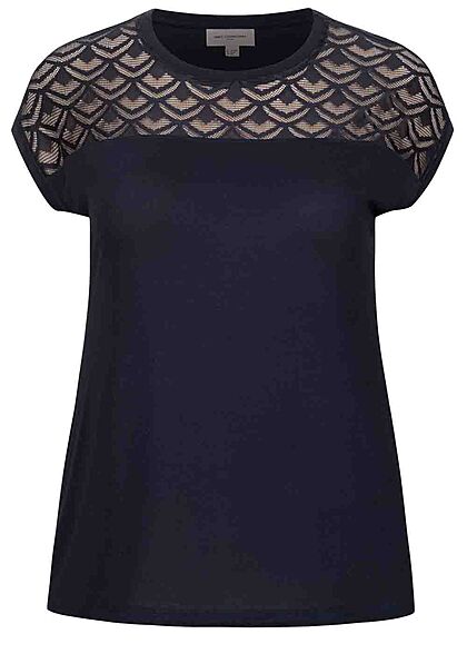 ONLY Carmakoma Damen NOOS Viskose T-Shirt Materialmix Spitze oben night sky blau