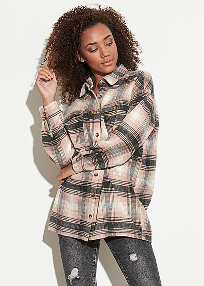 Noisy May Dames NOOS oversized Shacket Jacket geruit patroon wit roze