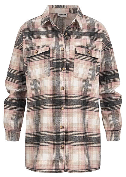Noisy May Dames NOOS oversized Shacket Jacket geruit patroon wit roze