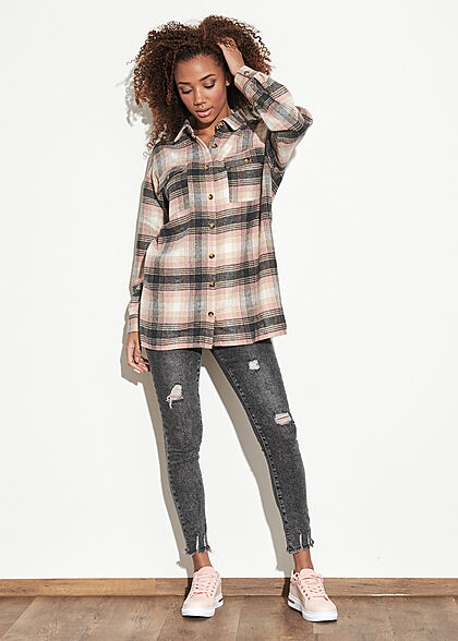 Noisy May Dames NOOS oversized Shacket Jacket geruit patroon wit roze