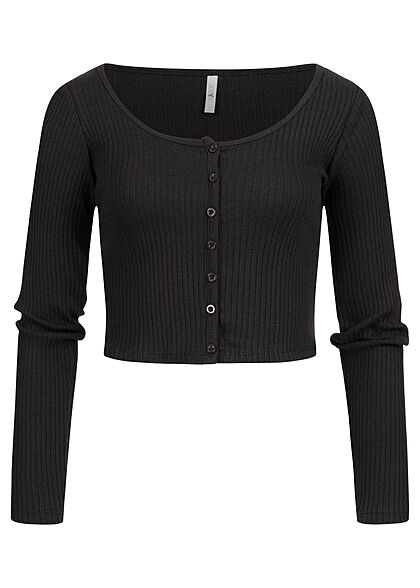 Hailys Dames shirt met lange mouwen met knoopsluiting en geribbelde look zwart