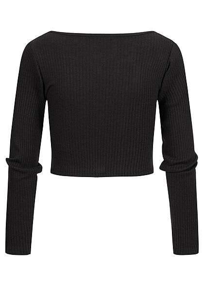 Hailys Dames shirt met lange mouwen met knoopsluiting en geribbelde look zwart