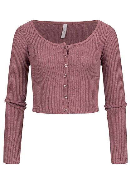 Hailys Dames shirt met lange mouwen met knoopsluiting en geribbelde look roze bruin