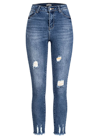 Hailys Damen Jeans Hose mit Fransen destroyed look 5-Pockets mid blau