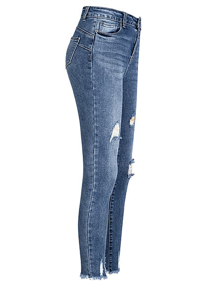 Hailys Damen Jeans Hose mit Fransen destroyed look 5-Pockets mid blau