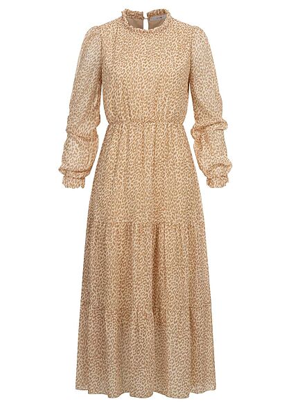 Hailys Damen Maxi Kleid langarm Volant Details Leo Muster beige