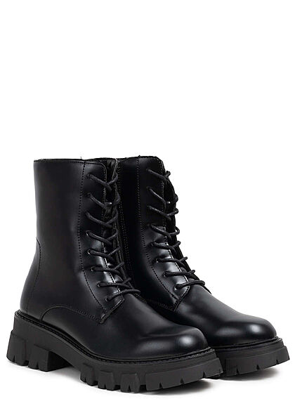 Zabaione Damen Schuh Worker Boots zum schnüren Kunstleder schwarz