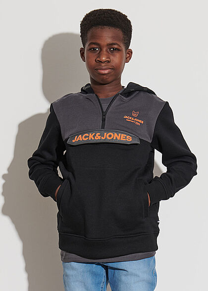 Jack and Jones Junior Hoodie met 2 zakken en logoprint oranje grijs zwart