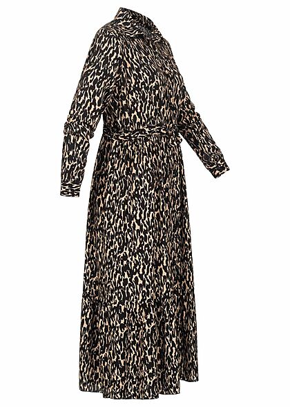 Hailys Damen Maxi Kleid mit Kragen und Knopfleiste Bindedetail schwarz beige