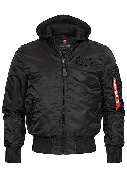 Alpha Industries Heren Bomberjack met afneembare capuchon 2 zakken grijs logo op de achterkant zwart