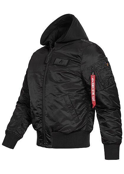 Alpha Industries Heren Bomberjack met afneembare capuchon 2 zakken grijs logo op de achterkant zwart