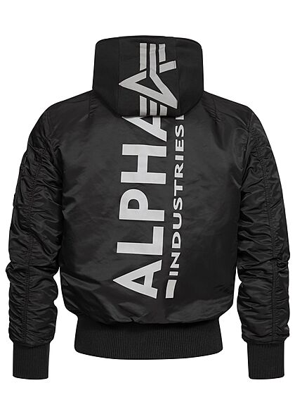 Alpha Industries Heren Bomberjack met afneembare capuchon 2 zakken grijs logo op de achterkant zwart