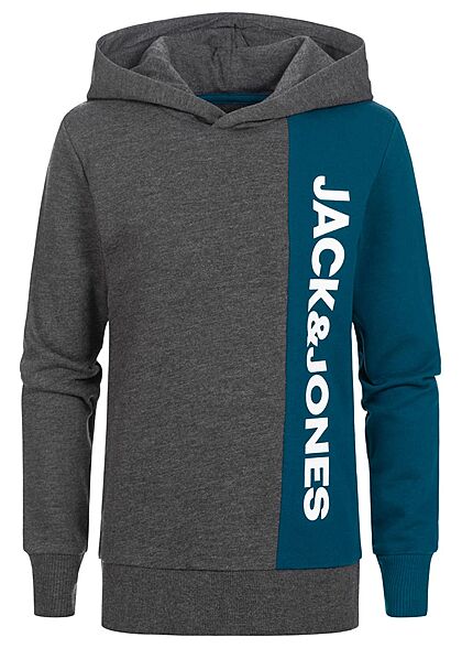 Jack and Jones Junior Colorblock Hoodie Kapuze Logo Print dunkel grau melange