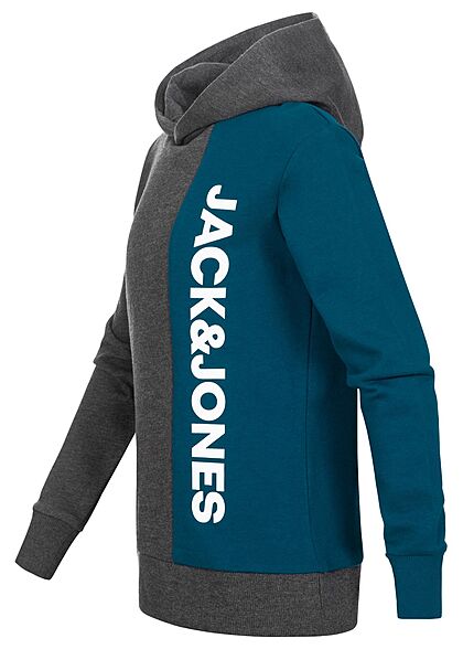 Jack and Jones Junior Colorblock Hoodie Kapuze Logo Print dunkel grau melange