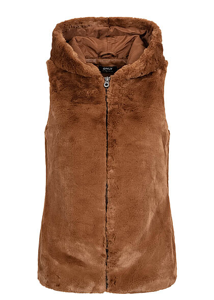 ONLY Damen Kunstfell Weste Kapuze 2-Pockets rubber braun