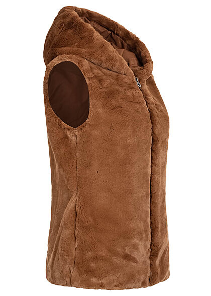 ONLY Damen Kunstfell Weste Kapuze 2-Pockets rubber braun