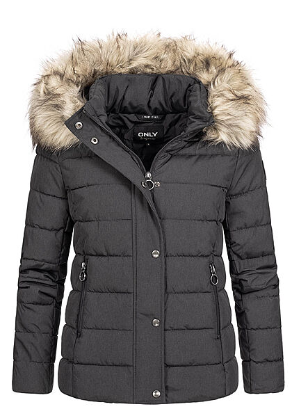 ONLY Damen kurze Steppjacke abnehmb. Kunstfellkapuze 2-Pockets phantom d. grau