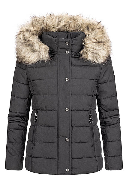 ONLY Damen kurze Steppjacke abnehmb. Kunstfellkapuze 2-Pockets phantom d. grau