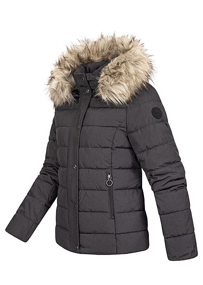 ONLY Damen kurze Steppjacke abnehmb. Kunstfellkapuze 2-Pockets phantom d. grau