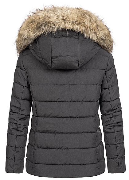 ONLY Damen kurze Steppjacke abnehmb. Kunstfellkapuze 2-Pockets phantom d. grau