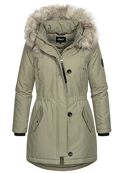 ONLY Dames Parka winterjas met capuchon en afneembaar imitatiebont 4 zakken groen