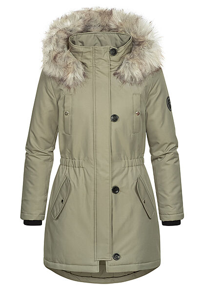 ONLY Dames Parka winterjas met capuchon en afneembaar imitatiebont 4 zakken groen