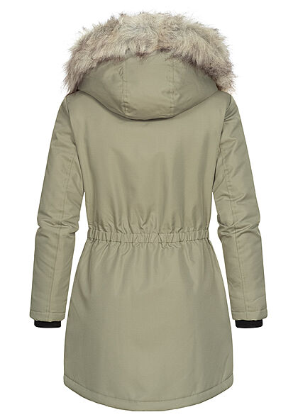 ONLY Dames Parka winterjas met capuchon en afneembaar imitatiebont 4 zakken groen