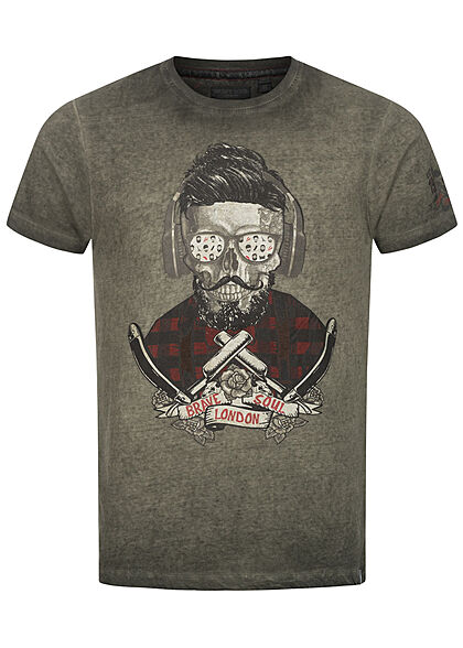 Brave Soul Heren T-Shirt DJ Head Barber Shop print olijfgroen